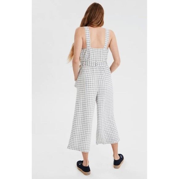 American Eagle White Linen Plaid Jumpsuit - Picture 5 of 11